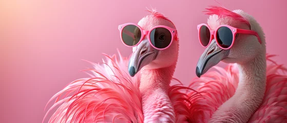 Fototapeten Two flamboyant flamingos flaunt their fashionable shades, adding a touch of sass to the serene aquatic landscape © Daniel