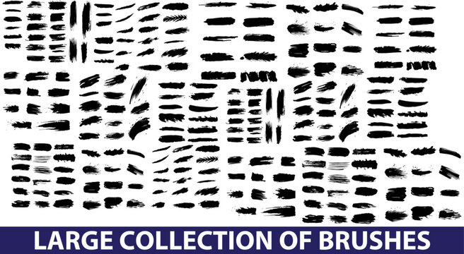 large collection o paint brushes, strokes black paint textures Isolated on white background. hand drawn