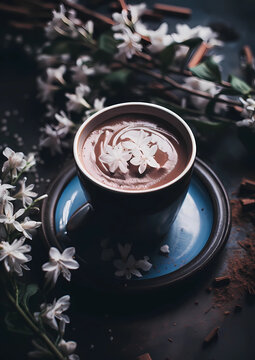 Hot chocolate in a blue cup, fragrant smell, beautiful cover. Romantic premium background image, for cover, brochure, desktop, notepad. Concept for coffee shop.