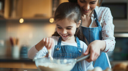 woman and a young girl are smiling and baking together in a home kitchen.