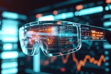A hand firmly holds a pair of glasses above a stock chart, emphasizing the act of analyzing financial data, Augmented reality glasses being used to analyze data, AI Generated