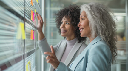 Two professional women are engaging in a brainstorming session, writing and discussing strategies on a glass board in a corporate office setting.