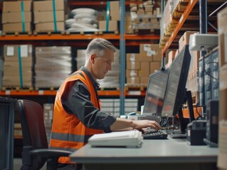 Warehouseman checking delivery, stock in warehouse on computer, . Warehouse manager using warehouse management software with scanner.