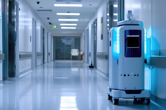 A hospital hallway with a white cleaning robot moving along the floor, Automatic sanitizer dispensing robot in a hospital, AI Generated