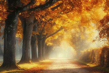 A dirt road winds through a forest of trees with vibrant yellow leaves during the autumn season, Autumn tree alley glowing in a soft pastel light, AI Generated