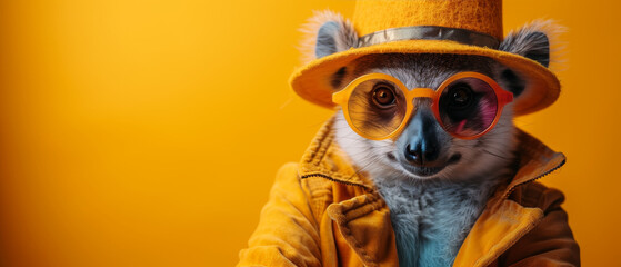 A vibrant lemur, sporting a trendy hat and sunglasses, adds a playful touch to an indoor setting with its soft fur in shades of yellow and orange - obrazy, fototapety, plakaty