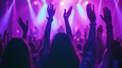lively crowd at a concert, with hands raised in the air, silhouetted against a backdrop of vibrant stage lights, capturing the energy and excitement of a live music event.