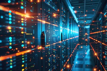 Obraz premium A well-lit corridor extending into the distance, featuring numerous lights and dots along its walls, Background of a network server room with glowing lights, AI Generated