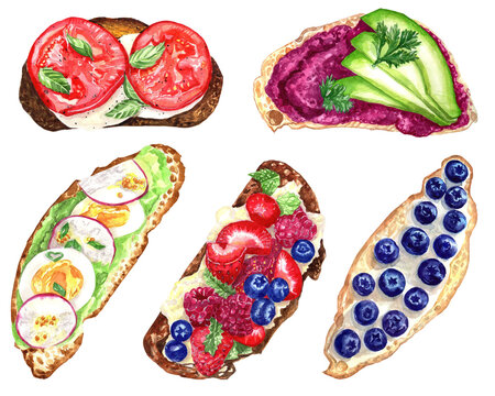 Watercolor sandwiches hand painted snacks. Flat lay food illustration. Traditional tapas. Bruschetta watercolor hand drawn set isolated on white background. Sandwiches with avocado tomato and eggs