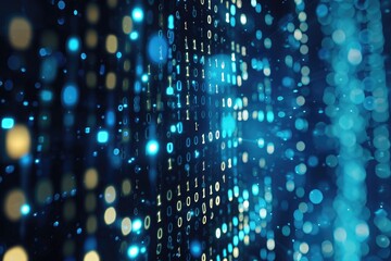 Fototapeta premium A photo featuring a background consisting of blue and black colors, adorned with numerous dots, Background of illuminated binary code falling down the screen, AI Generated
