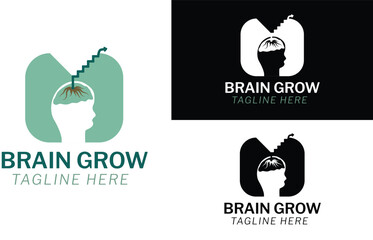 Creative Brain Grow Logo. Brain Statistics Chart Bar With Modern Linear Outline Style. Brain Logo Icon Symbol Vector Design Template.