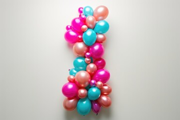 A bunch of vibrant balloons hang in a row from the side of a wall, Balloons arranged in a number shape for a milestone birthday, AI Generated