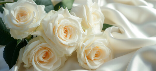 Cream white roses on luxury elegant white silk background with draperies