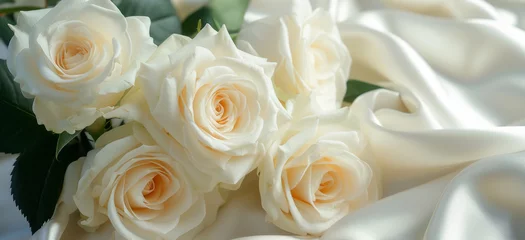 Foto op Canvas Cream white roses on luxury elegant white silk background with draperies © vejaa