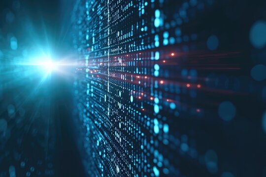 This photo features a background in blue and black, adorned with an array of dots and lines, Background of illuminated binary code falling down the screen, AI Generated