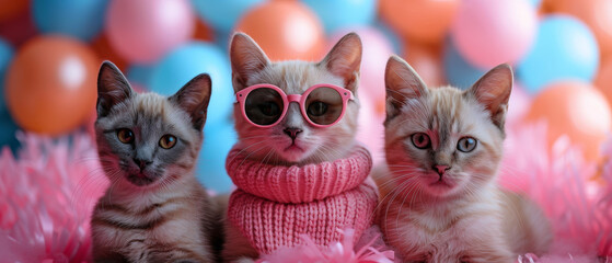 A stylish and adorable group of feline friends, each sporting pink glasses and cozy sweaters, showcasing the playful and endearing nature of domestic cats