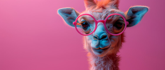 A stylish llama stands out in a sea of spotted fur, rocking pink glasses and exuding confidence like a majestic giraffe - obrazy, fototapety, plakaty