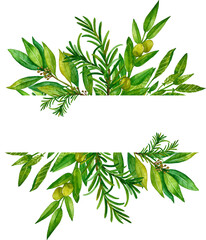 Watercolor hand painted banner with green leaves and branches. Spring or summer flowers for invitation, wedding or greeting cards. Floral design for wedding invitations, greeting cards, prints.