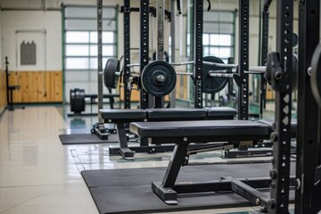 A photo showing a row of weight machines in a modern gym facility, ready for use by fitness enthusiasts, Bench press station setup at a gym, AI Generated