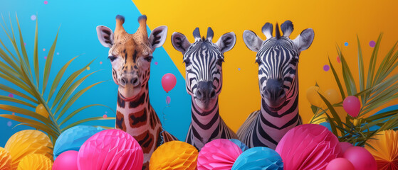 A lively gathering of zebras frolic among a sea of colorful balloons, surrounded by the tall, leafy trees of their natural habitat