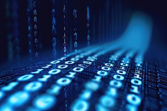 This photo depicts a blue background with numbers and lines, creating a structured and numerical pattern, Binary code creating a barcode scan effect, AI Generated