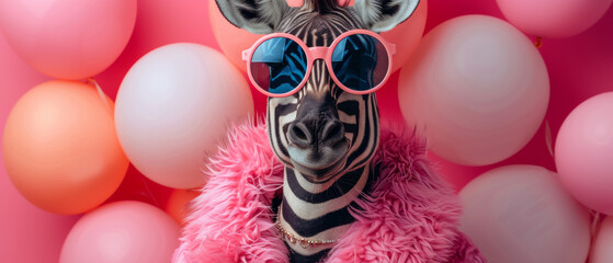 A stylish zebra rocks pink sunglasses and a furry coat while holding a vibrant balloon, exuding confidence and playful charm - obrazy, fototapety, plakaty