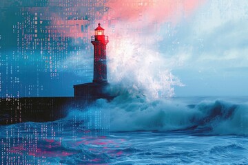 A Painting of a Lighthouse Surrounded by the Ocean, Binary code cresting ocean waves crashing against a lighthouse, AI Generated