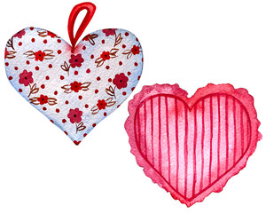 Watercolor hearts, valentine's day red, purple, violet hearts set. Happy Valentine's day card. Wooden and fabric hearts illustration set. Hand-drawn various hearts isolated on white paper background