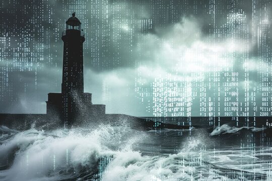 A lighthouse, surrounded by a sea of numbers, stands tall against the crashing waves in the ocean, Binary code cresting ocean waves crashing against a lighthouse, AI Generated