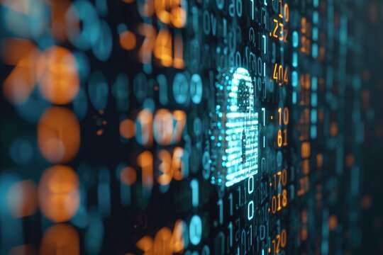 A close-up view of a computer screen displaying a series of numbers, representing data or calculations, Binary code emerging from a digital lock, AI Generated