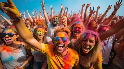 Foto op Canvas  Holi festival. A big group of young people celebrating outside summer festival in the daytime laughing with joyful joy splashing colors © Ilmi