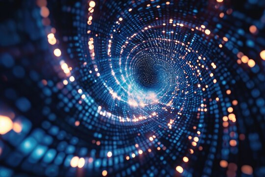 A photo capturing a blue and black background adorned with mesmerizing circles of light, Binary code forming a galaxy spiral, AI Generated