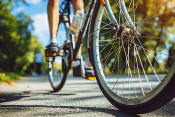 Naklejka premium A detailed view of a person riding a bike on a road