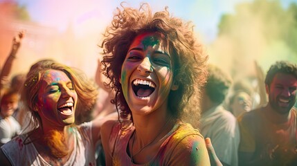  Holi festival. A big group of young people celebrating outside summer festival in the daytime laughing with joyful joy splashing colors - obrazy, fototapety, plakaty