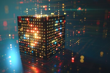 Fototapeta na wymiar A brightly lit building stands tall in the center of a spacious room, casting a warm glow all around, Binary code in a three-dimensional cubeâ€�, AI Generated