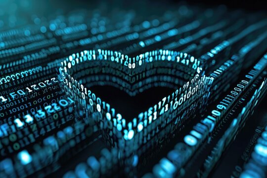 A heart-shaped figure formed entirely by words, set against a dark background, Binary code forming the shape of a heart, AI Generated