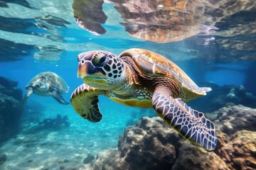 Turtles swimming in the ocean, Underwater wildlife panorama Coral reef with wild sea turtles and fish, tropical ocean underwater life, Ai generated