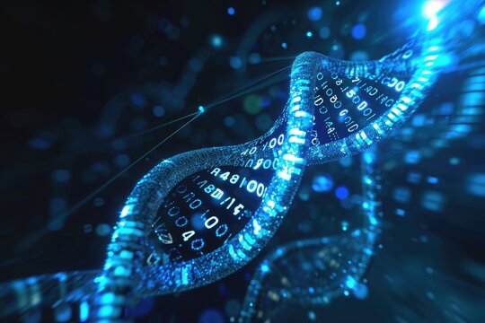 A digital representation of a double-strand composed of numbers, showcasing a complex numerical pattern, Binary code in the shape of DNA, AI Generated