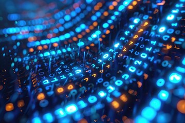 Obraz premium A detailed view of a computer keyboard illuminated with blue and yellow lights, Binary code transitioning into a digital fortress, AI Generated