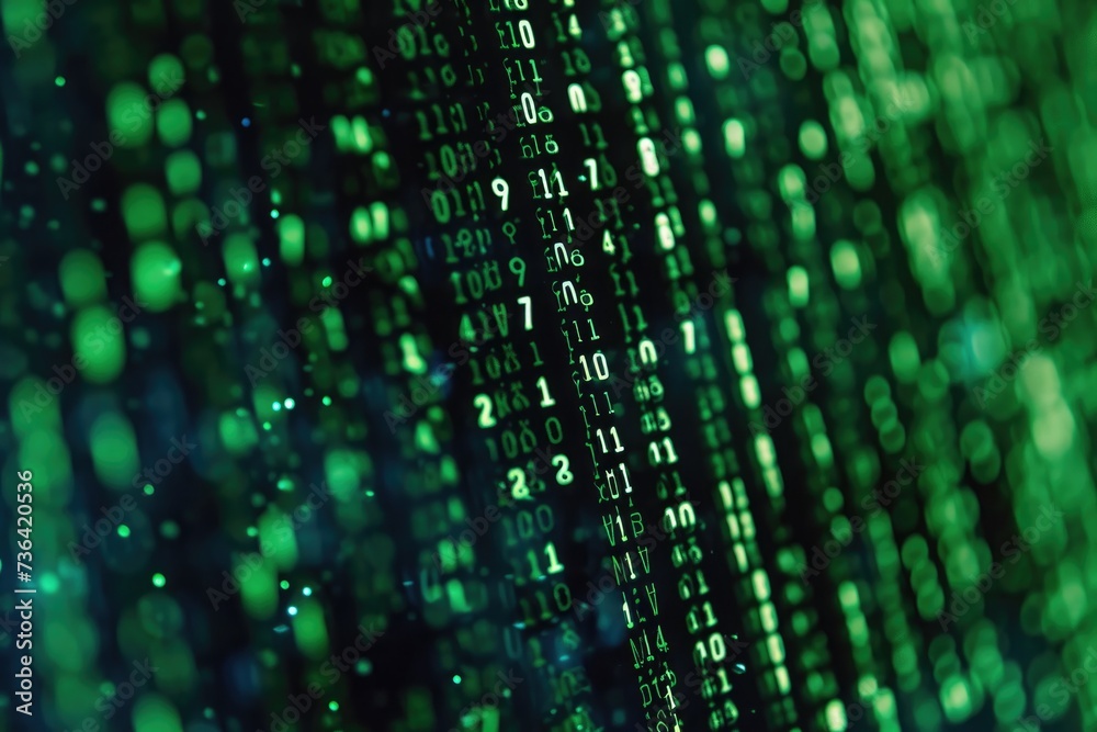  a detailed close-up image of a computer screen showing a display of numbers, binary code with differ