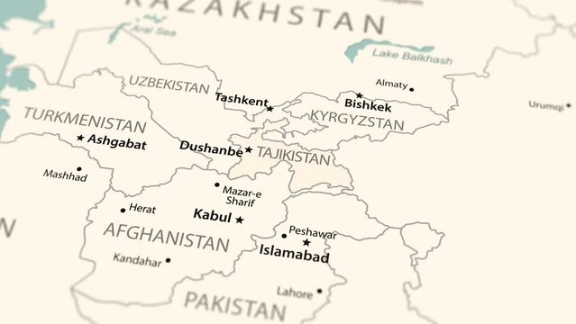 Tajikistan on the world map. Smooth map rotation. 4K animation.