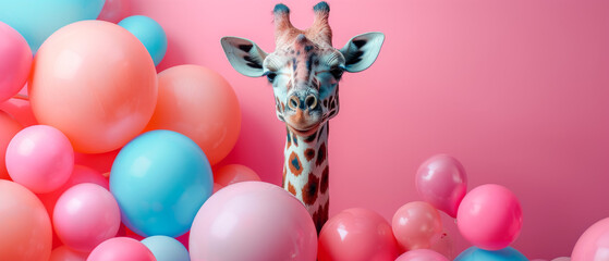 A majestic giraffe playfully holds onto a bouquet of vibrant balloons, adding a whimsical touch to any party or event