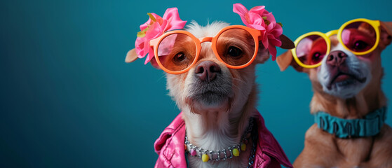 A stylish canine struts confidently in their yellow-tinted goggles and rosy coat, radiating charm and flair as they embrace their unique breed - obrazy, fototapety, plakaty