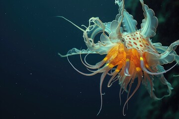 Naklejka na ściany i meble A detailed view of a jellyfish, with its tentacles trailing in the water, Bioengineered marine life in the deep sea, AI Generated