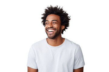 Studio portrait of Handsome African-American man with clean healthy skin and happy smile isolated on transparent png background.