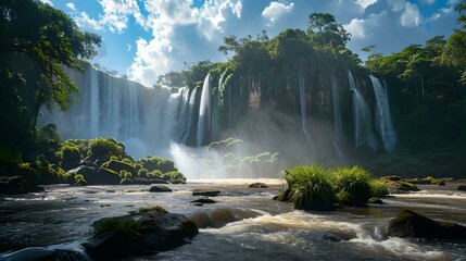 Fototapeta premium Majestic waterfall in a lush tropic forest illuminated by sunlight. serene nature scene. landscape photography for decor. AI