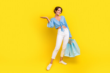 Full size photo of cheerful woman wear blue top hold shopping bags palm presenting promo empty...