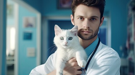 take cat to the veterinarian. bring cat for vaccination. A veterinarian cradles a white domestic cat, symbolizing professional pet care 
