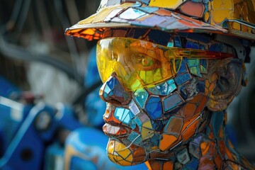 Close-up of Sculpture Depicting a Person Wearing a Hat, Bionic construction worker with enhanced strength and durability, AI Generated
