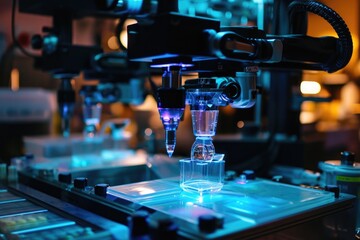 A large industrial machine filled with a specific type of liquid used in the manufacturing process, Biotech robotics performing precision tasks, AI Generated